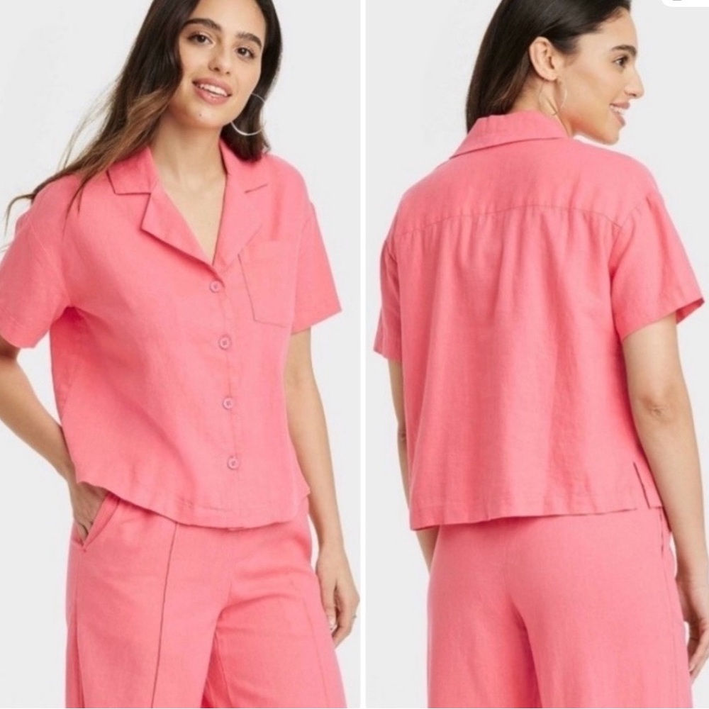 Linen Short Sleeve Button-Down Camp Shirt Womens A new day XL